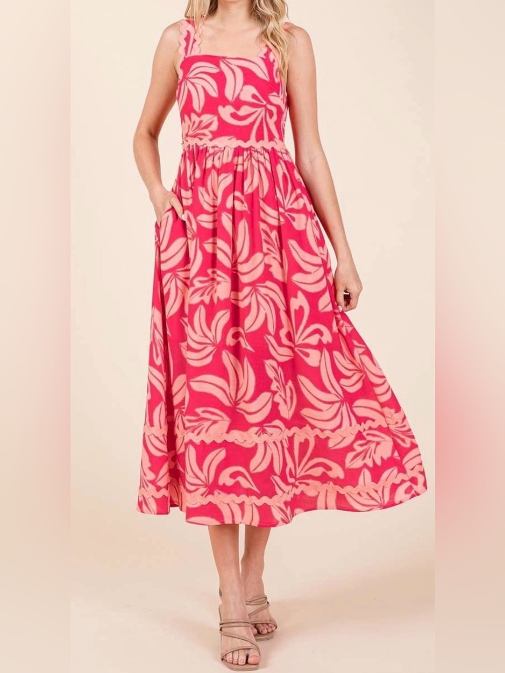 NWT Pink Floral Midi Sundress with Scallop Straps